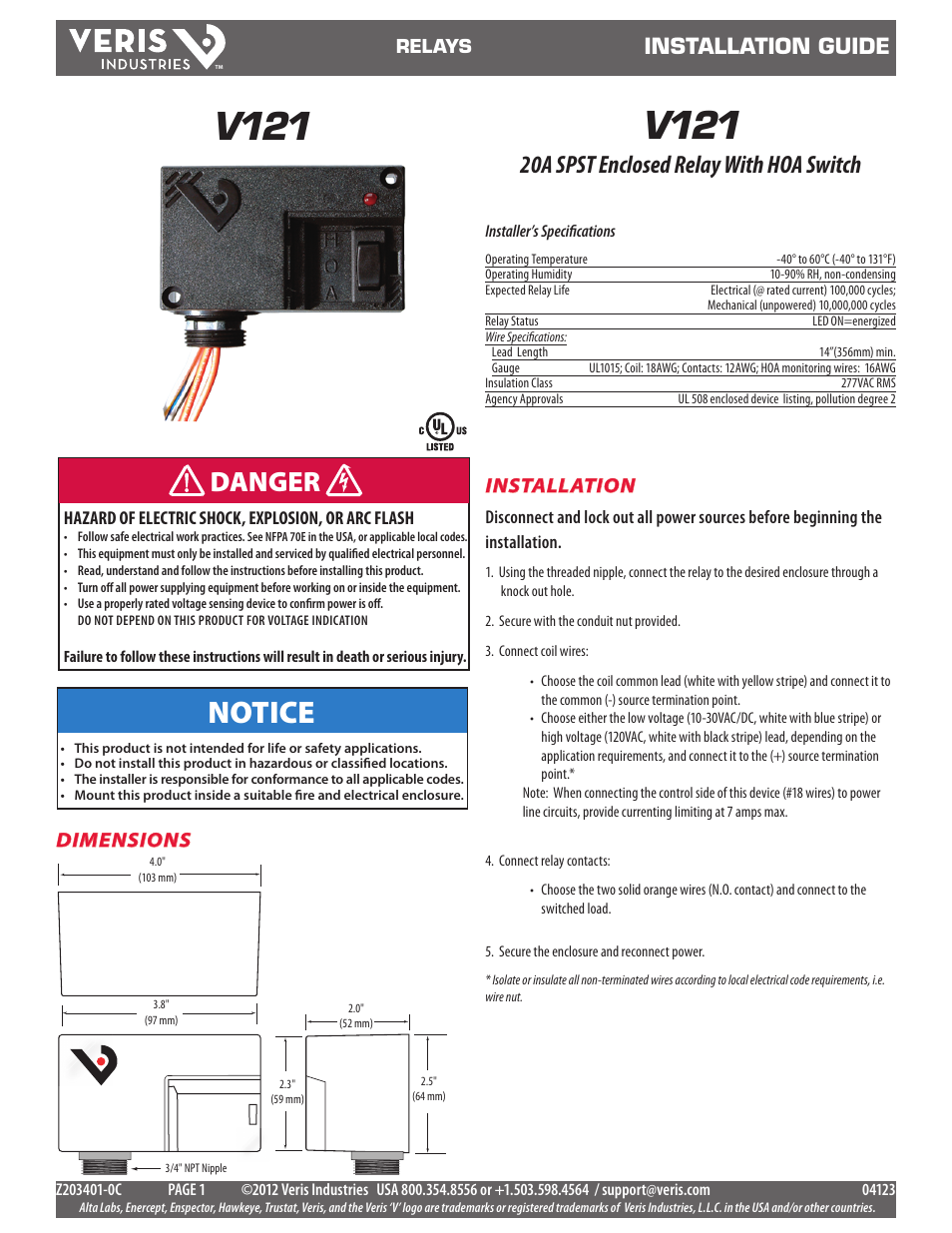 Veris Industries V121 Install User Manual | 2 pages