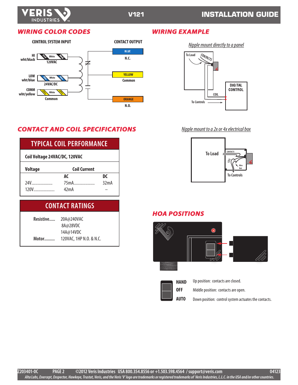 Typical coil performance contact ratings, Installation guide, Hoa positions wiring example | Wiring color codes contact and coil specifications, V121 | Veris Industries V121 Install User Manual | Page 2 / 2