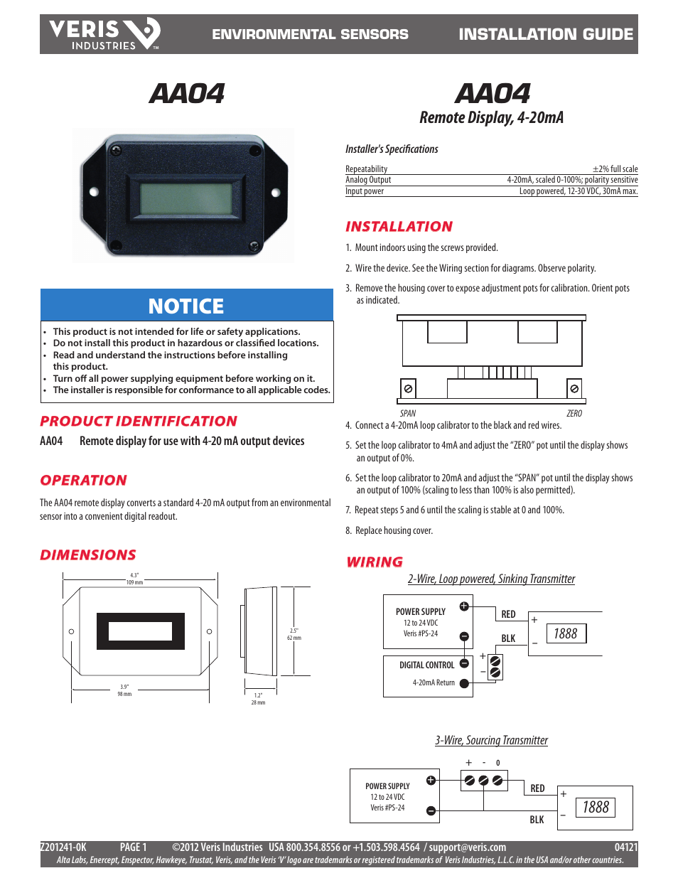 Veris Industries AA04 Install User Manual | 1 page