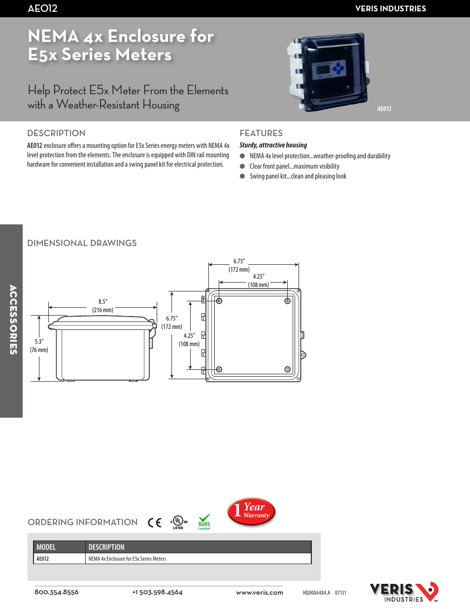 Veris Industries AE012 Datasheet User Manual | 1 page