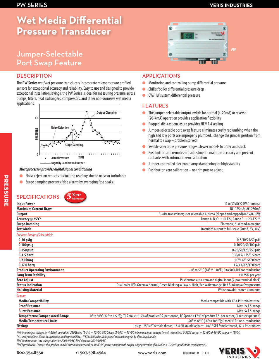 Veris Industries PW SERIES Datasheet User Manual | 2 pages