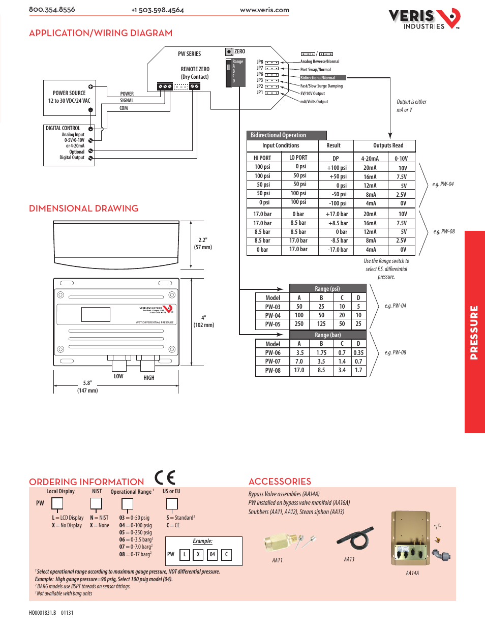 Pressure, Accessories | Veris Industries PW SERIES Datasheet User Manual | Page 2 / 2