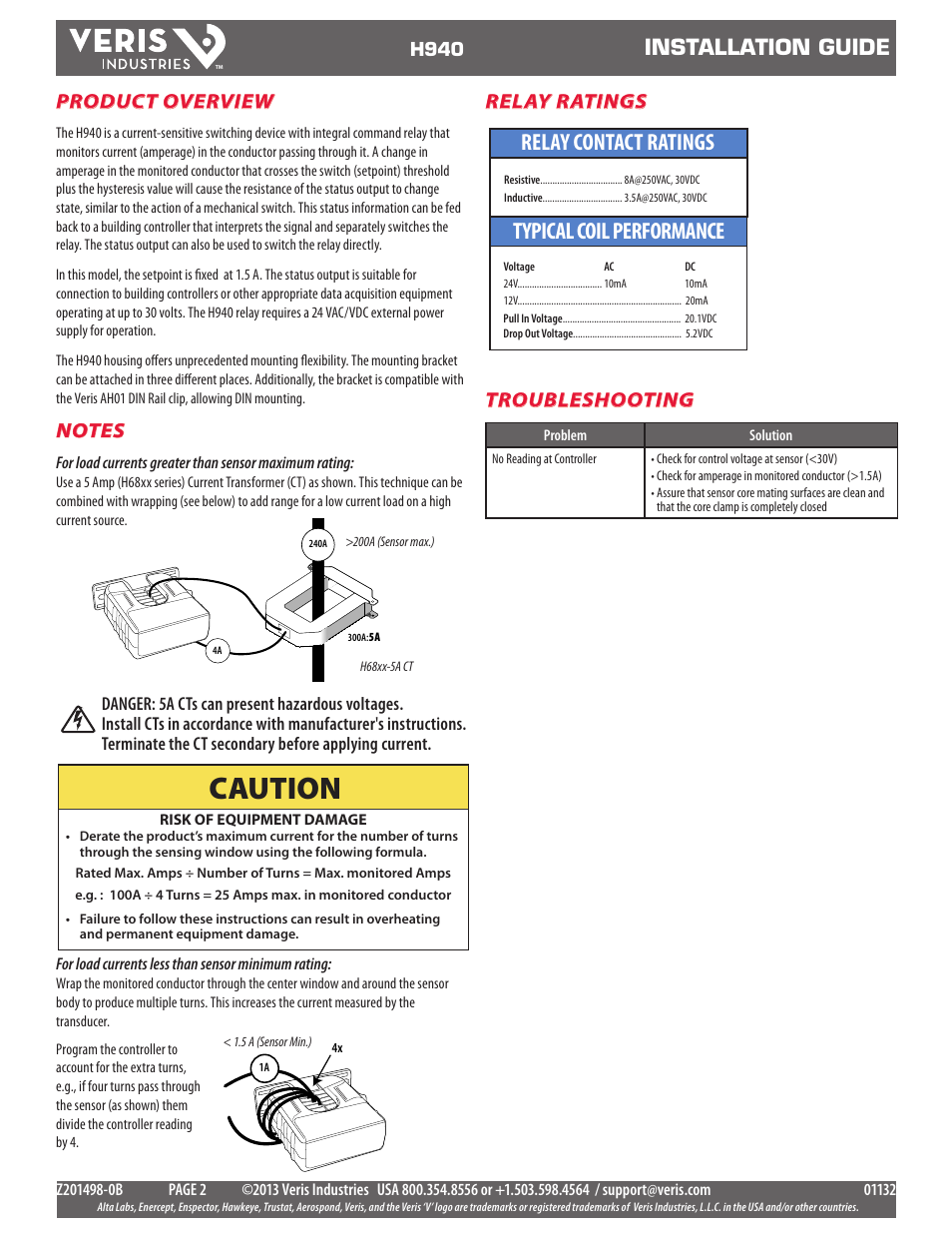 Caution, Typical coil performance relay contact ratings, Installation guide | Product overview, Troubleshooting, Relay ratings | Veris Industries H940 Install User Manual | Page 2 / 2