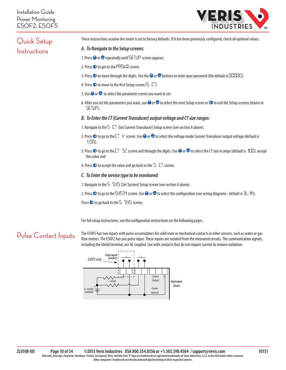 Quick setup instructions pulse contact inputs, A. to navigate to the setup screens, C. to enter the service type to be monitored | Veris Industries E50F5 Install User Manual | Page 10 / 34