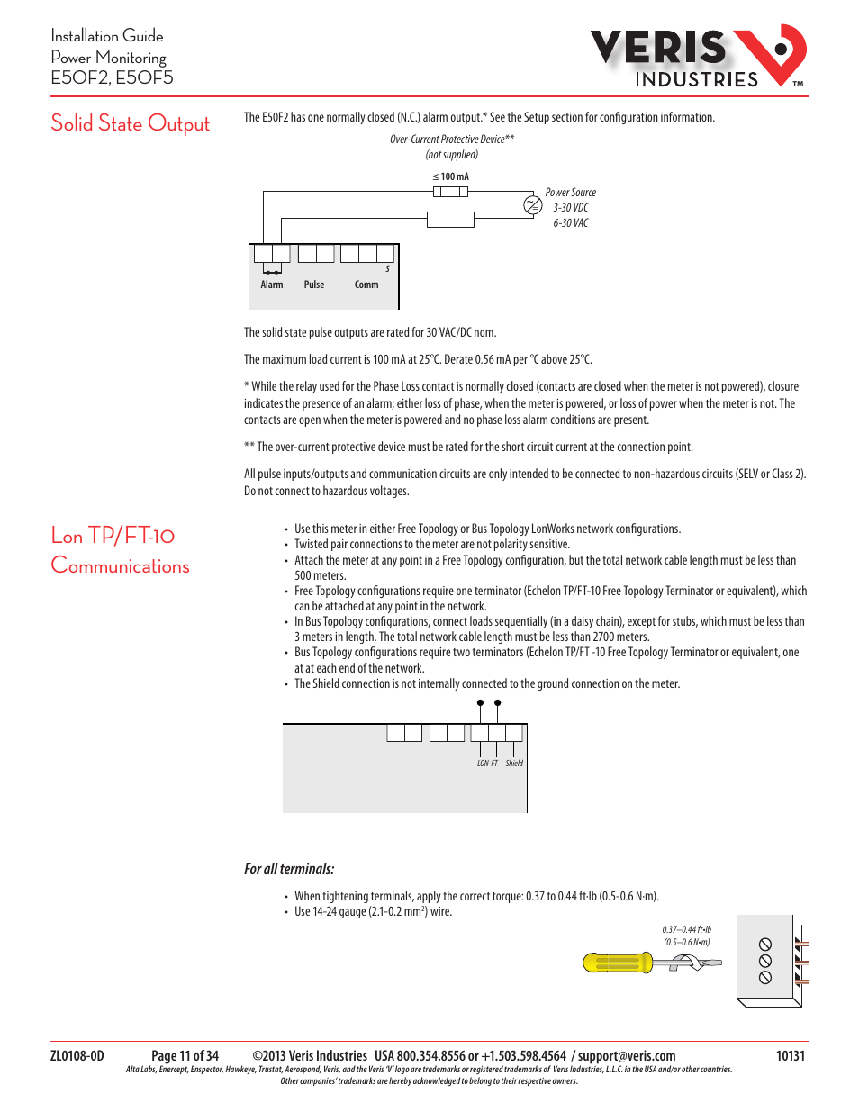 Solid state output, Lon tp/ft-10 communications, For all terminals | Veris Industries E50F5 Install User Manual | Page 11 / 34