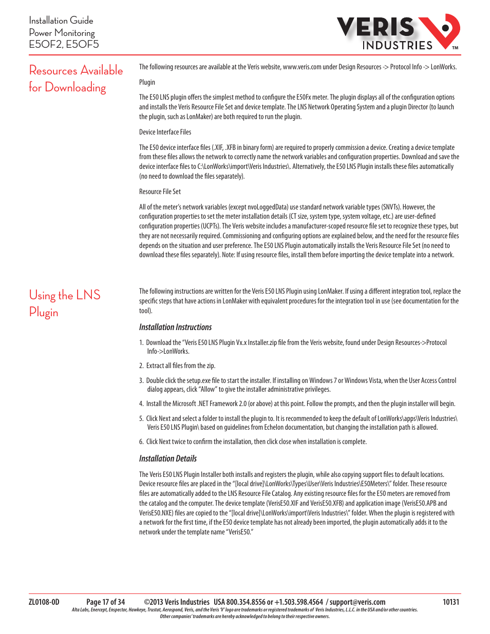 Resources available for downloading, Using the lns plugin | Veris Industries E50F5 Install User Manual | Page 17 / 34