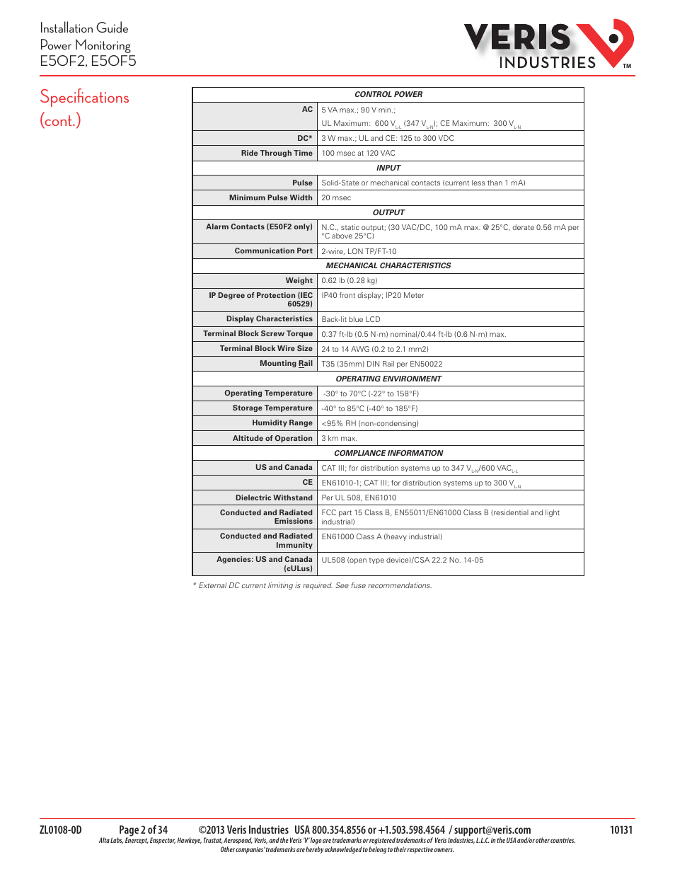 Specifications (cont.) | Veris Industries E50F5 Install User Manual | Page 2 / 34