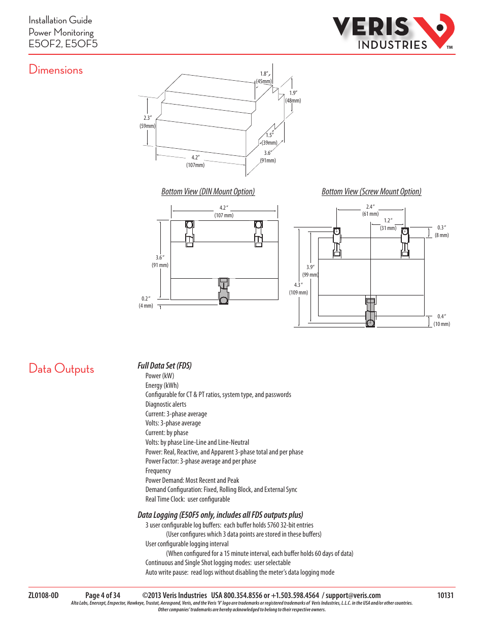 Dimensions, Data outputs, Full data set (fds) | Veris Industries E50F5 Install User Manual | Page 4 / 34