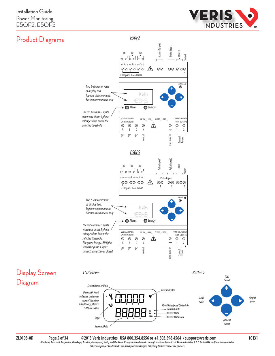Product diagrams display screen diagram, E50f2, E50f5 | Lcd screen: buttons | Veris Industries E50F5 Install User Manual | Page 5 / 34