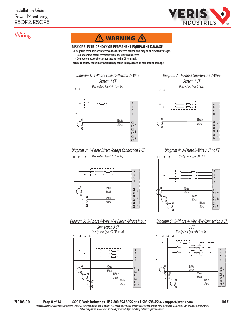 Wiring, Warning, Diagram 3: 1-phase direct voltage connection 2 ct | Diagram 4: 3-phase 3-wire 3 ct no pt | Veris Industries E50F5 Install User Manual | Page 8 / 34