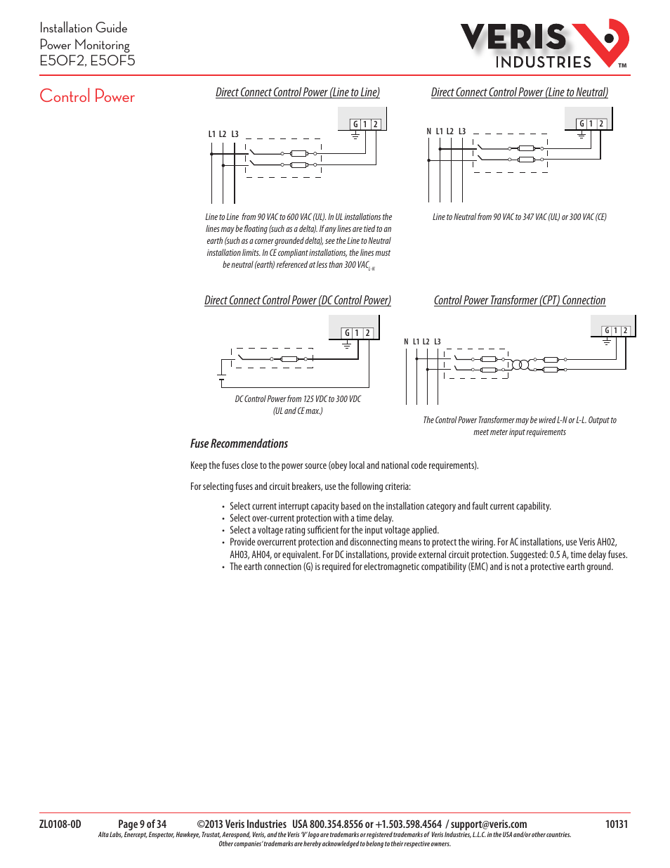 Control power | Veris Industries E50F5 Install User Manual | Page 9 / 34