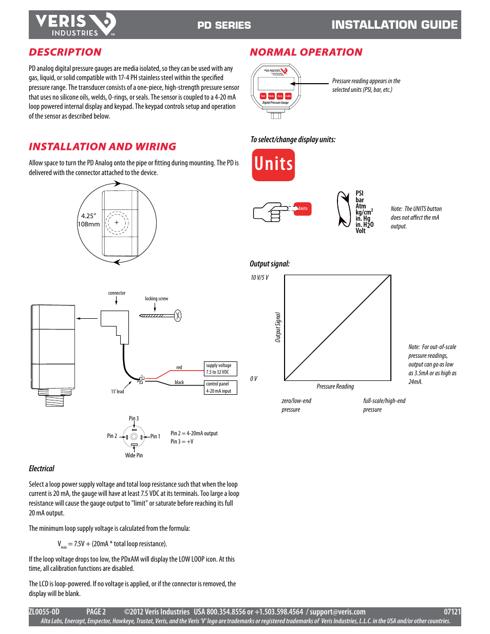 Units, Installation guide, Installation and wiring | Description, Normal operation, Pd series, Electrical, Output signal: to select/change display units | Veris Industries PD SERIES Install User Manual | Page 2 / 3