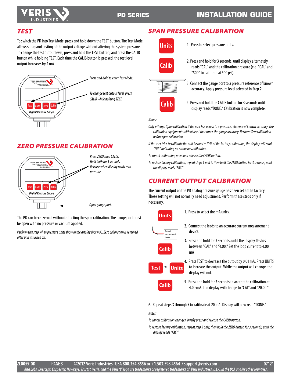 Units calib calib, Installation guide, Zero pressure calibration | Test, Pd series, Units calib test, Calib units | Veris Industries PD SERIES Install User Manual | Page 3 / 3