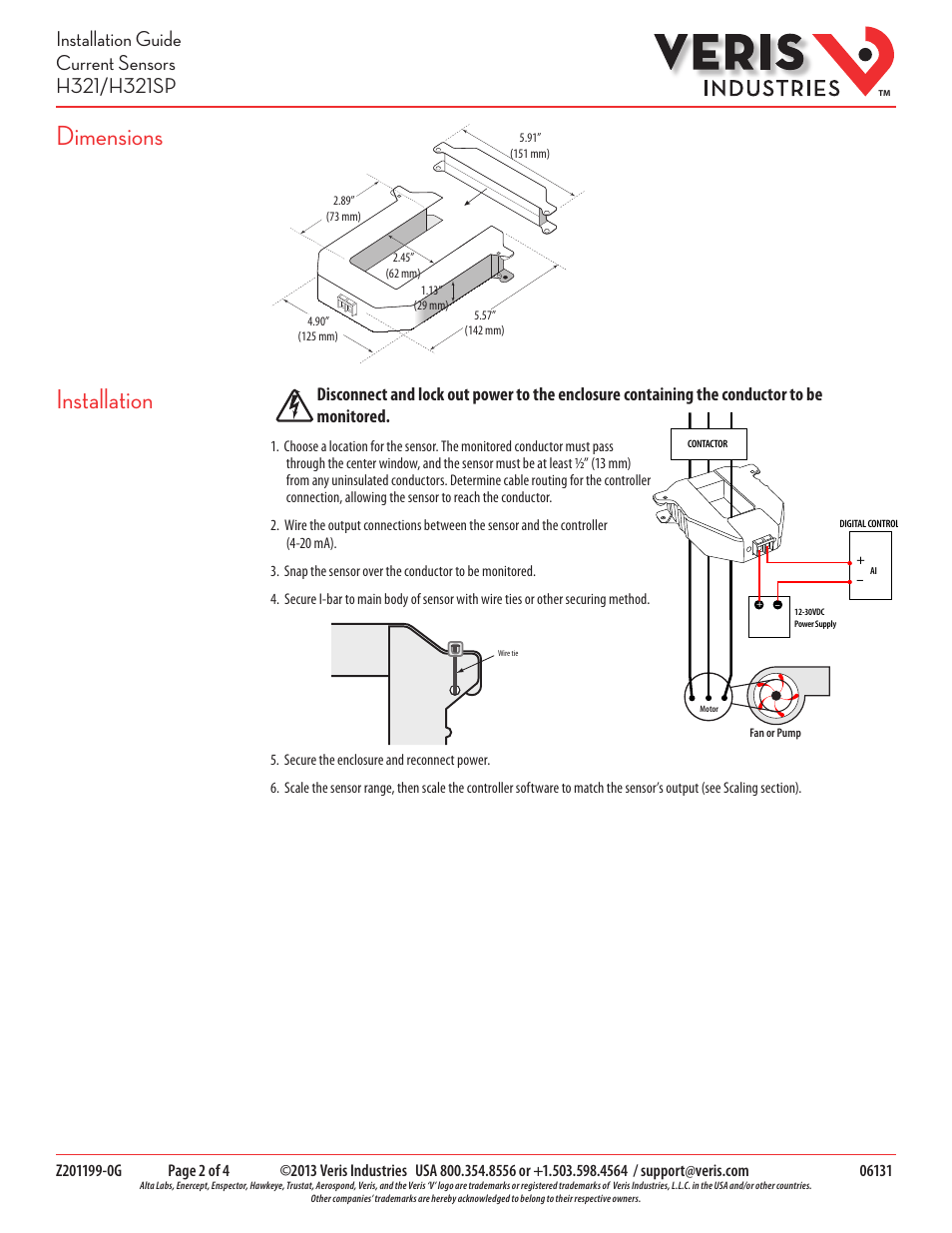 Dimensions, Installation | Veris Industries H321 Install User Manual | Page 2 / 4