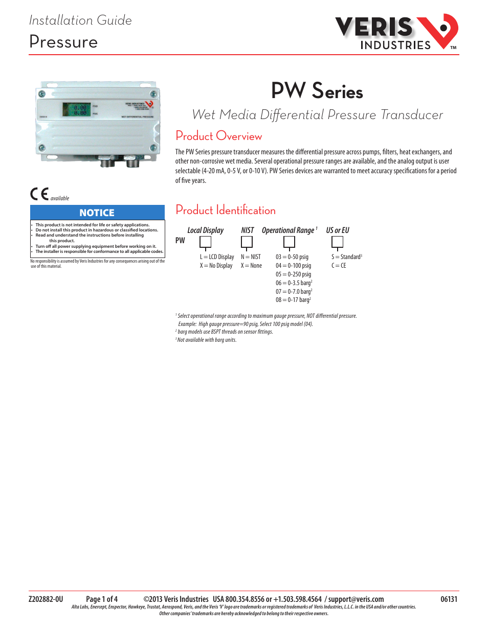 Veris Industries PW SERIES Install User Manual | 4 pages