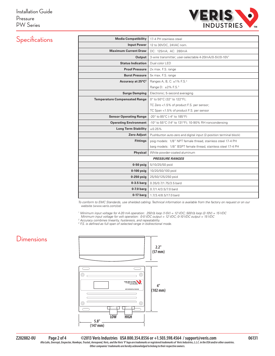 Specifications, Dimensions, Installation guide pressure pw series | Veris Industries PW SERIES Install User Manual | Page 2 / 4