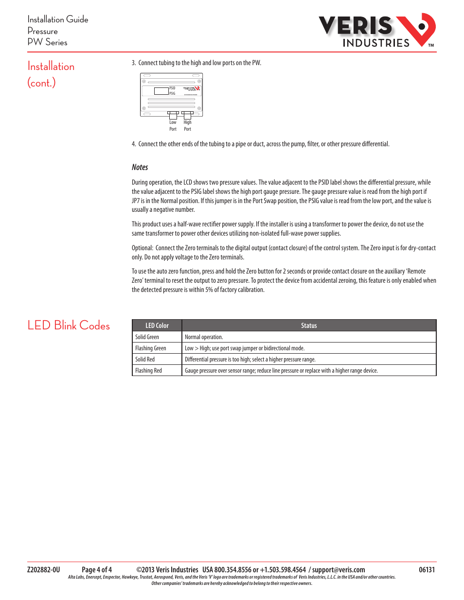 Installation (cont.) led blink codes, Installation guide pressure pw series | Veris Industries PW SERIES Install User Manual | Page 4 / 4