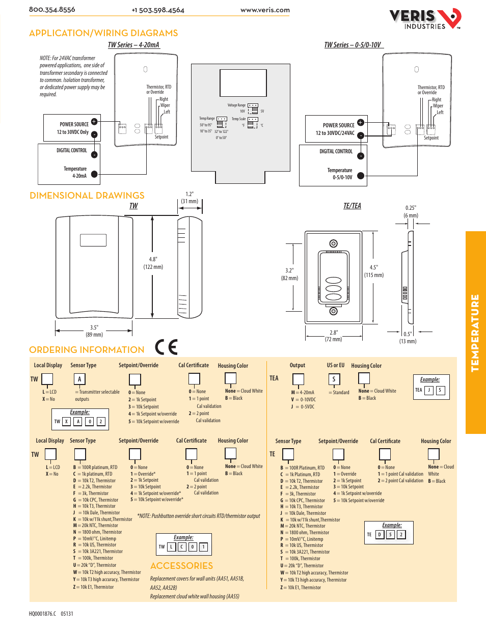 Te mpera ture, Application/wiring diagrams, Dimensional drawings | Ordering information, Accessories | Veris Industries TE SERIES Datasheet User Manual | Page 2 / 2