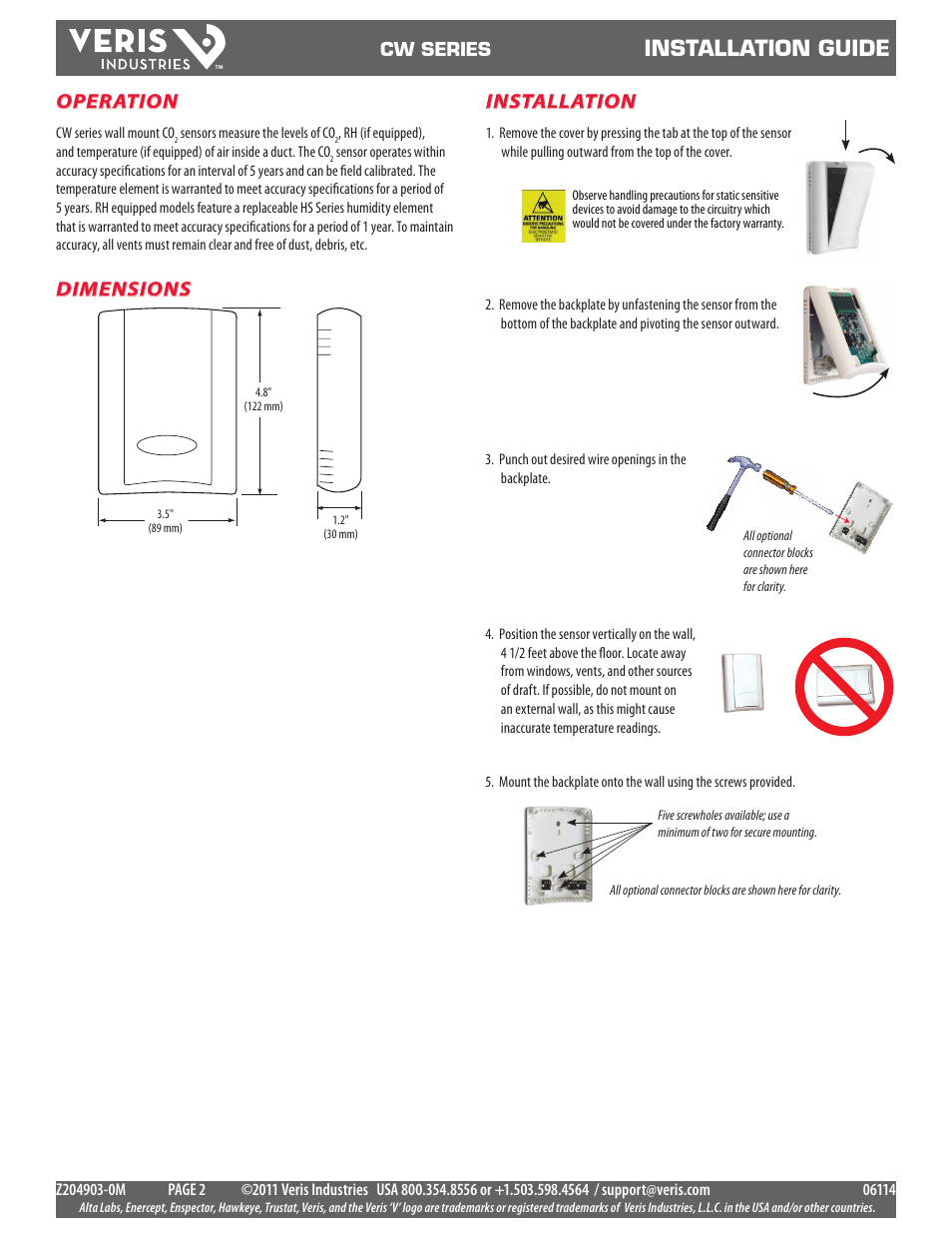 Installation guide, Dimensions, Installation | Operation, Cw series | Veris Industries CW SERIES Install User Manual | Page 2 / 6
