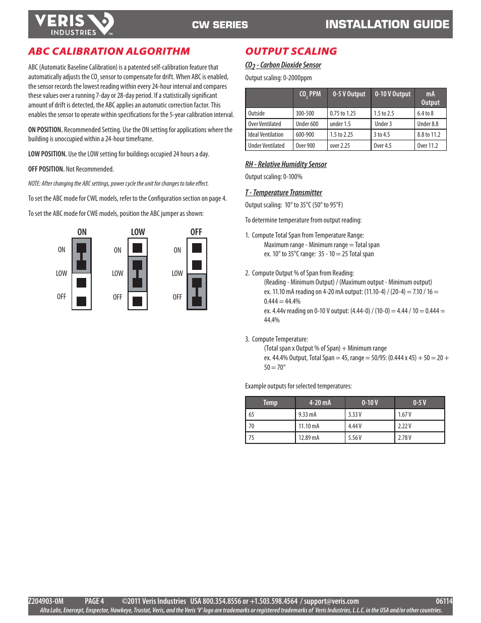 Abc settings (cwe only), Installation guide, Abc calibration algorithm | Output scaling, On low | Veris Industries CW SERIES Install User Manual | Page 4 / 6