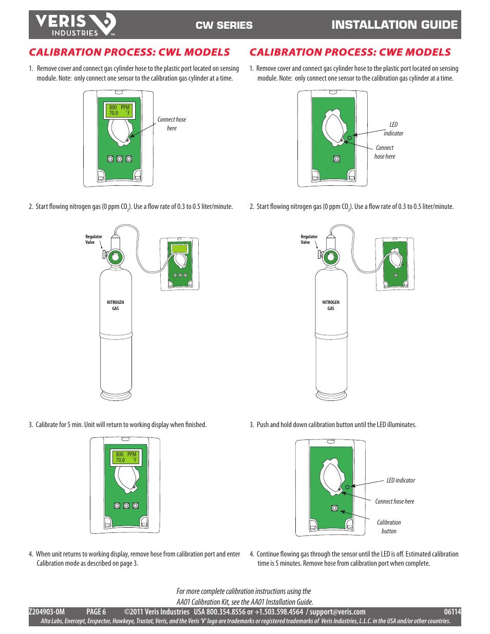 Installation guide, Calibration process: cwl models, Calibration process: cwe models | Cw series | Veris Industries CW SERIES Install User Manual | Page 6 / 6