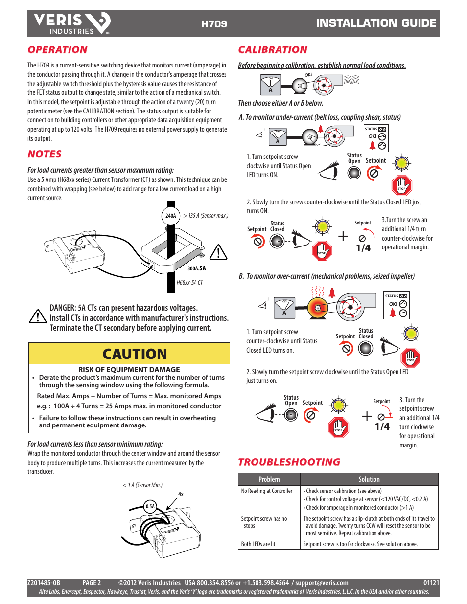 Caution, Installation guide, Operation | Troubleshooting, Calibration, H709 | Veris Industries H709 Install User Manual | Page 2 / 2