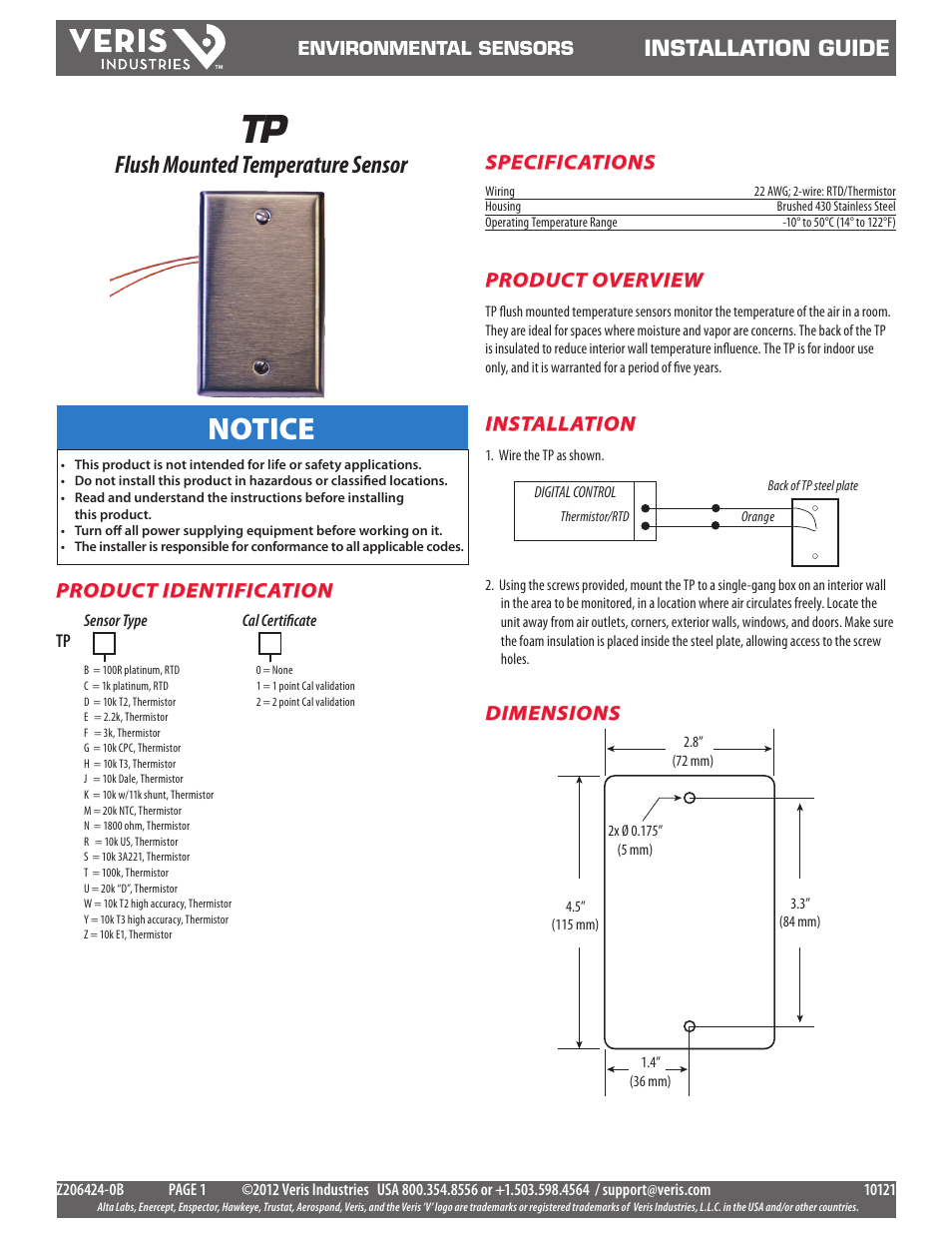 Veris Industries TP SERIES Install User Manual | 1 page