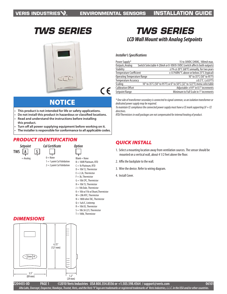 Veris Industries TWS SERIES Install User Manual | 3 pages