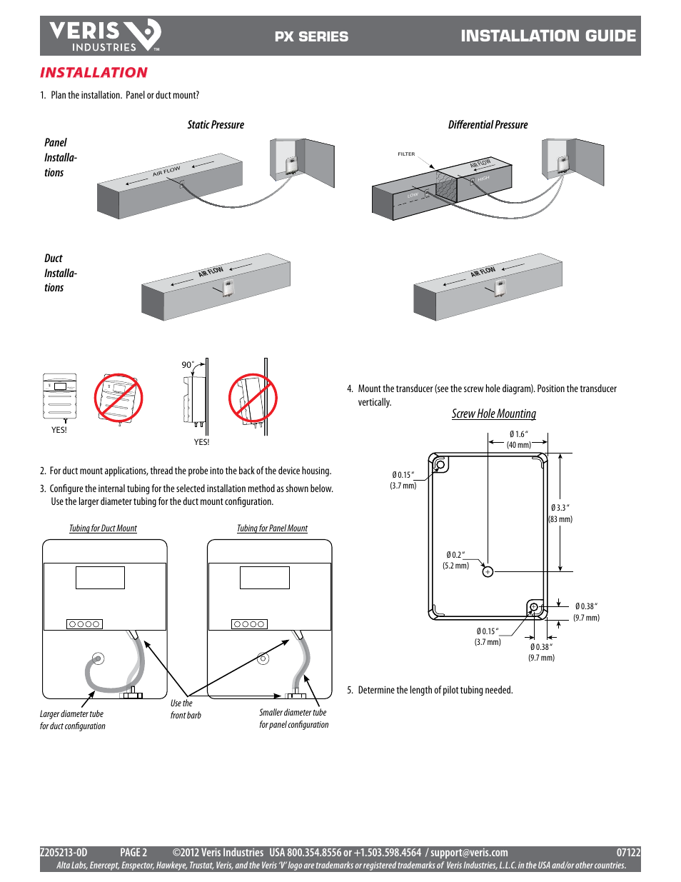 Installation guide, Installation, Px series | Screw hole mounting, Duct installa- tions | Veris Industries PX SERIES Install User Manual | Page 2 / 3