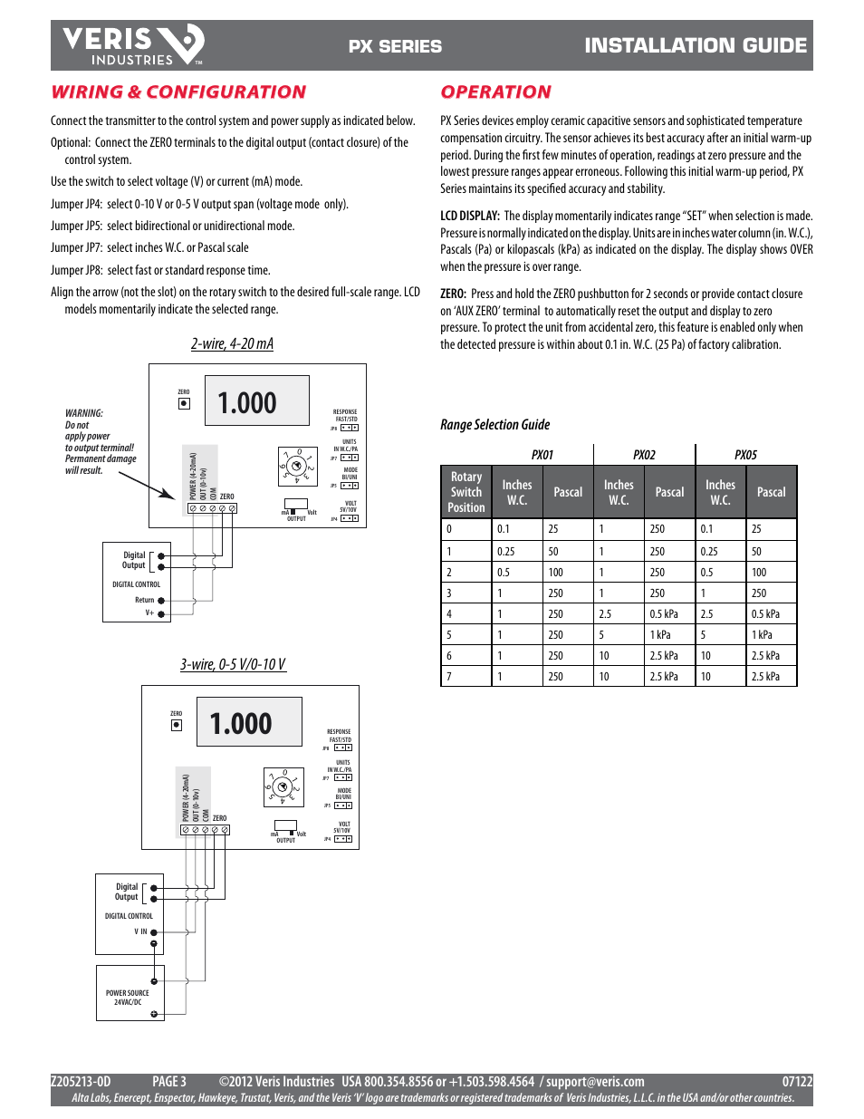 Installation guide, Operation, Wiring & configuration | Px series, Range selection guide | Veris Industries PX SERIES Install User Manual | Page 3 / 3