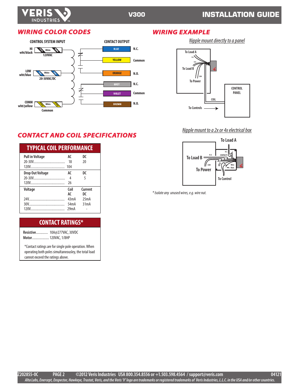 Installation guide, Typical coil performance contact ratings, Wiring color codes contact and coil specifications | Wiring example, V300 | Veris Industries V300 SERIES Install User Manual | Page 2 / 2