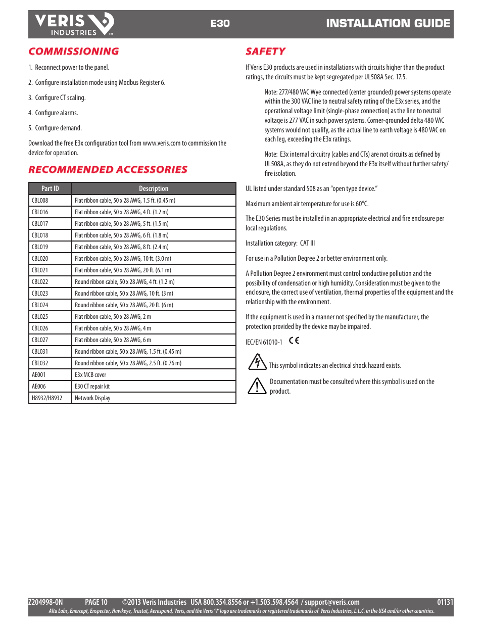 Installation guide, Commissioning, Recommended accessories | Safety | Veris Industries E30 Install User Manual | Page 10 / 11