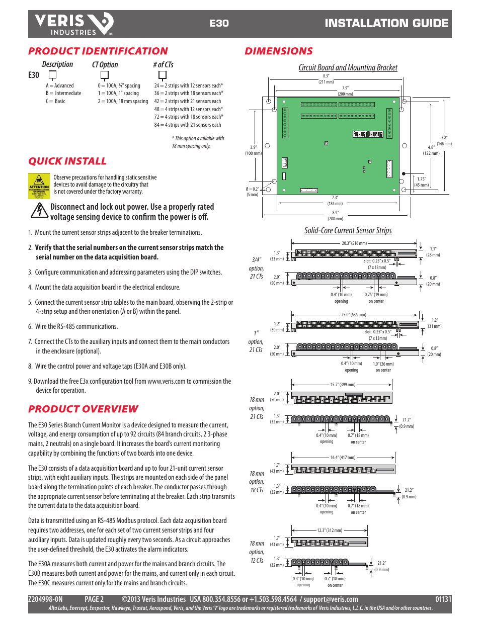 Installation guide, Product overview, Dimensions | Quick install, Product identification, Circuit board and mounting bracket, Solid-core current sensor strips, Ct option, Description, Of cts | Veris Industries E30 Install User Manual | Page 2 / 11