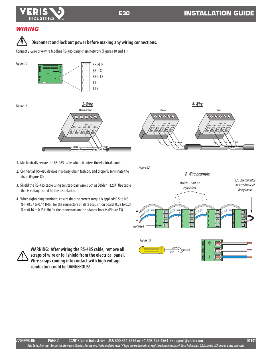 Installation guide, Wiring, Wire 4-wire 2-wire example | Shield rx- tx- rx+ tx+ tx- tx | Veris Industries E30 Install User Manual | Page 7 / 11