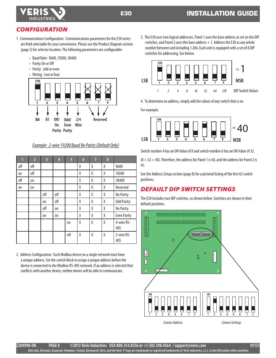 Installation guide, Configuration, Default dip switch settings | Veris Industries E30 Install User Manual | Page 8 / 11