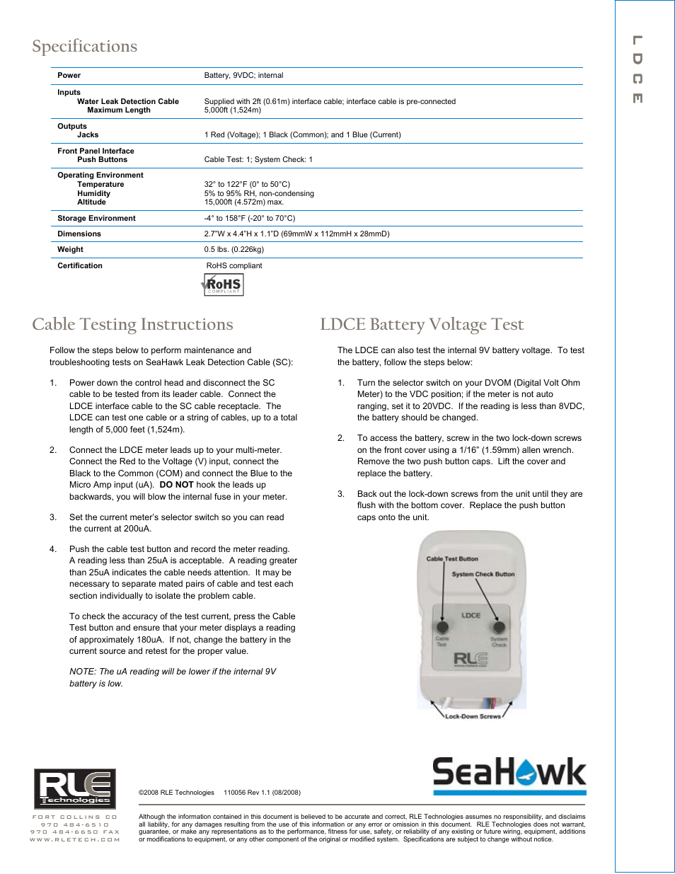 Specifications, Cable testing instructions, Ldce battery voltage test | L d c e | Veris Industries Seahawk leak detection accessories Install User Manual | Page 2 / 2