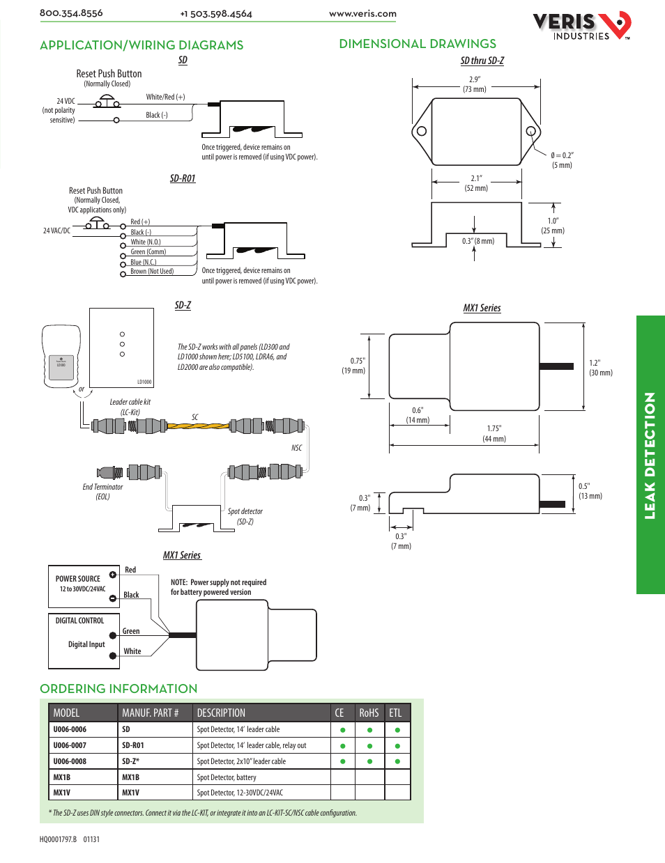 Le ak dete ction, Model manuf. part # description ce rohs etl | Veris Industries MX1 Datasheet User Manual | Page 2 / 2