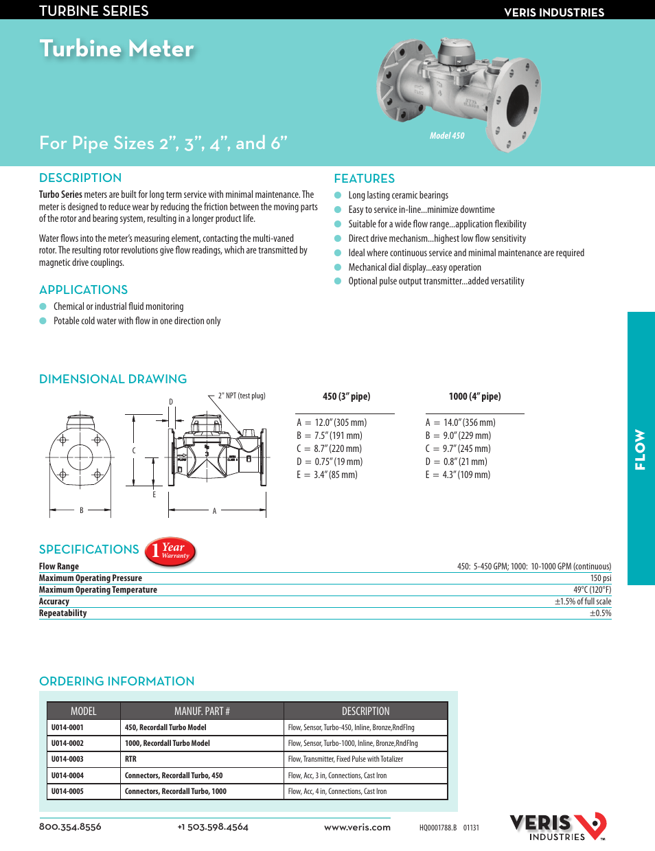 Veris Industries TURBINE SERIES Datasheet User Manual | 1 page