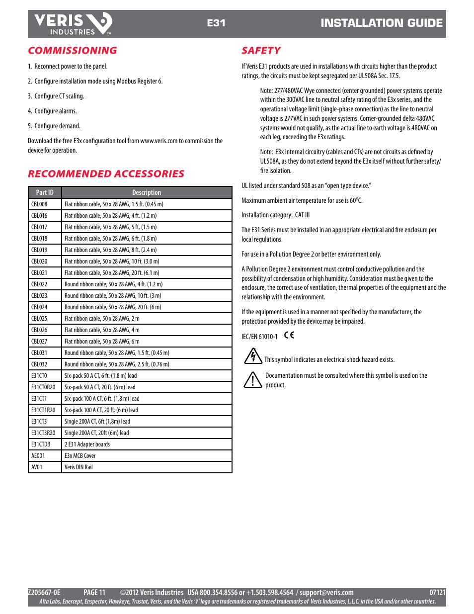 Installation guide, Commissioning, Safety | Recommended accessories | Veris Industries E31 Install User Manual | Page 11 / 12