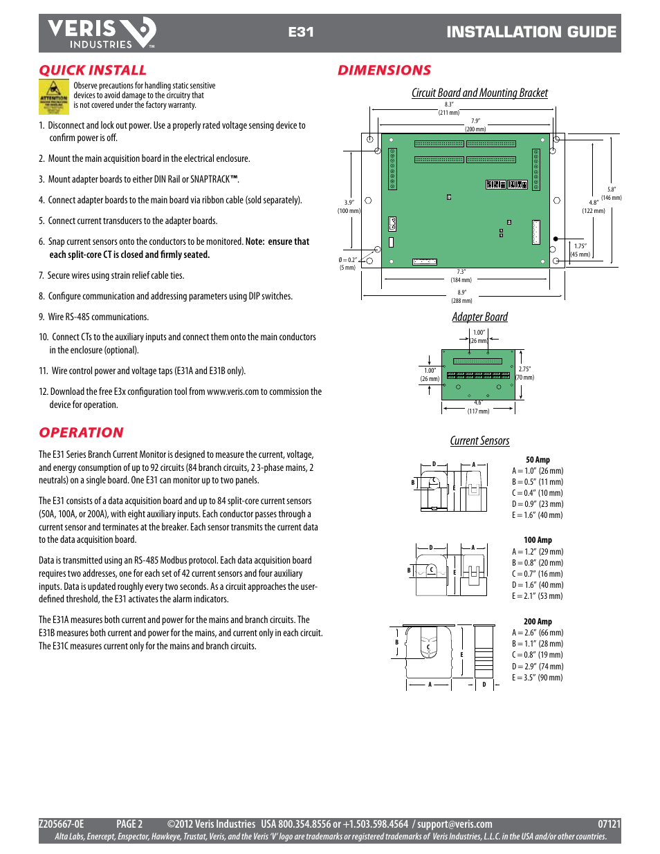 Installation guide, Operation, Quick install | Dimensions, Circuit board and mounting bracket, Adapter board current sensors | Veris Industries E31 Install User Manual | Page 2 / 12