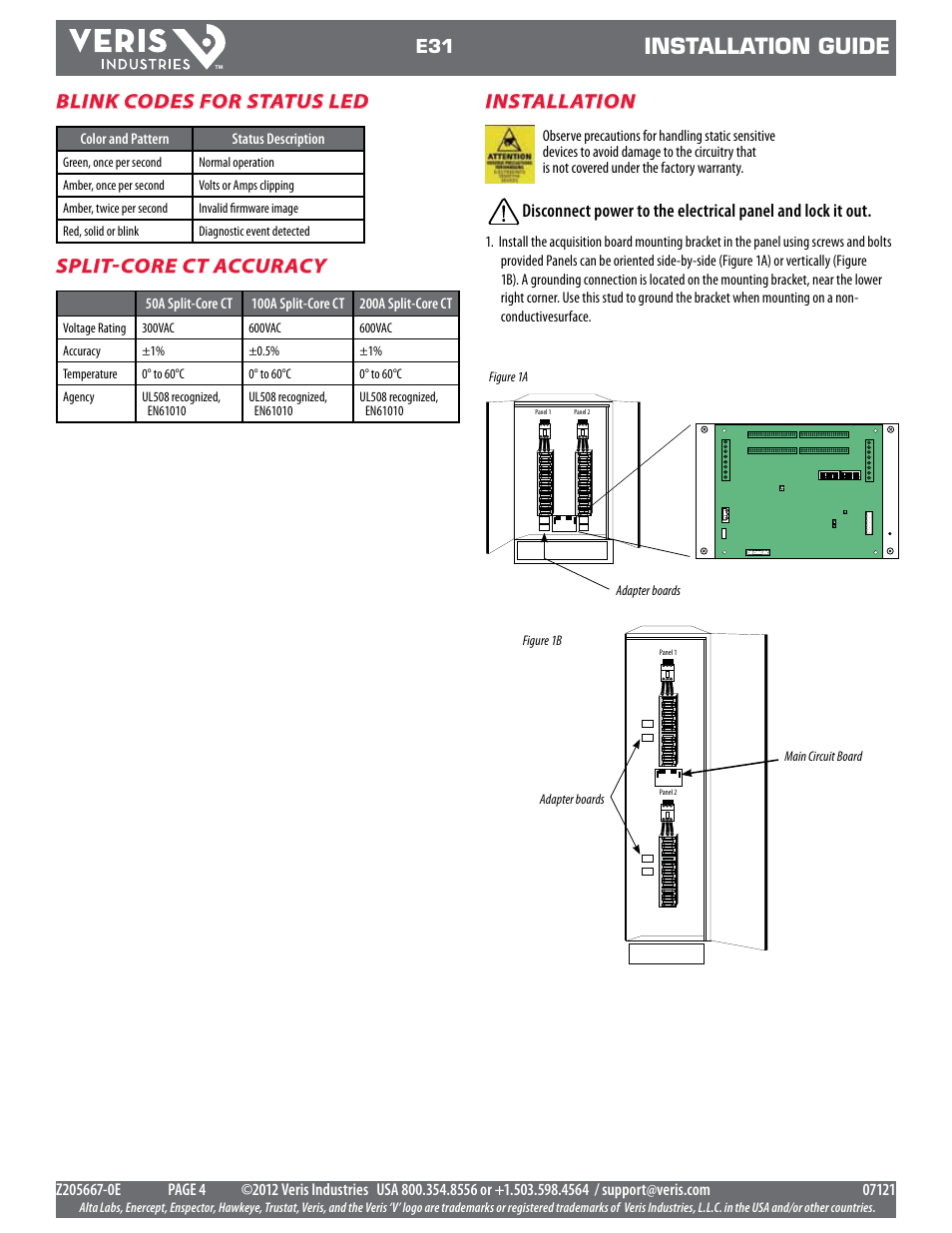 Installation guide, Installation, Blink codes for status led | Split-core ct accuracy | Veris Industries E31 Install User Manual | Page 4 / 12