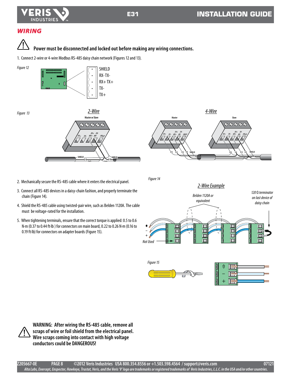 Installation guide, Wiring, Wire 4-wire 2-wire example | Shield rx- tx- rx+ tx+ tx- tx | Veris Industries E31 Install User Manual | Page 8 / 12