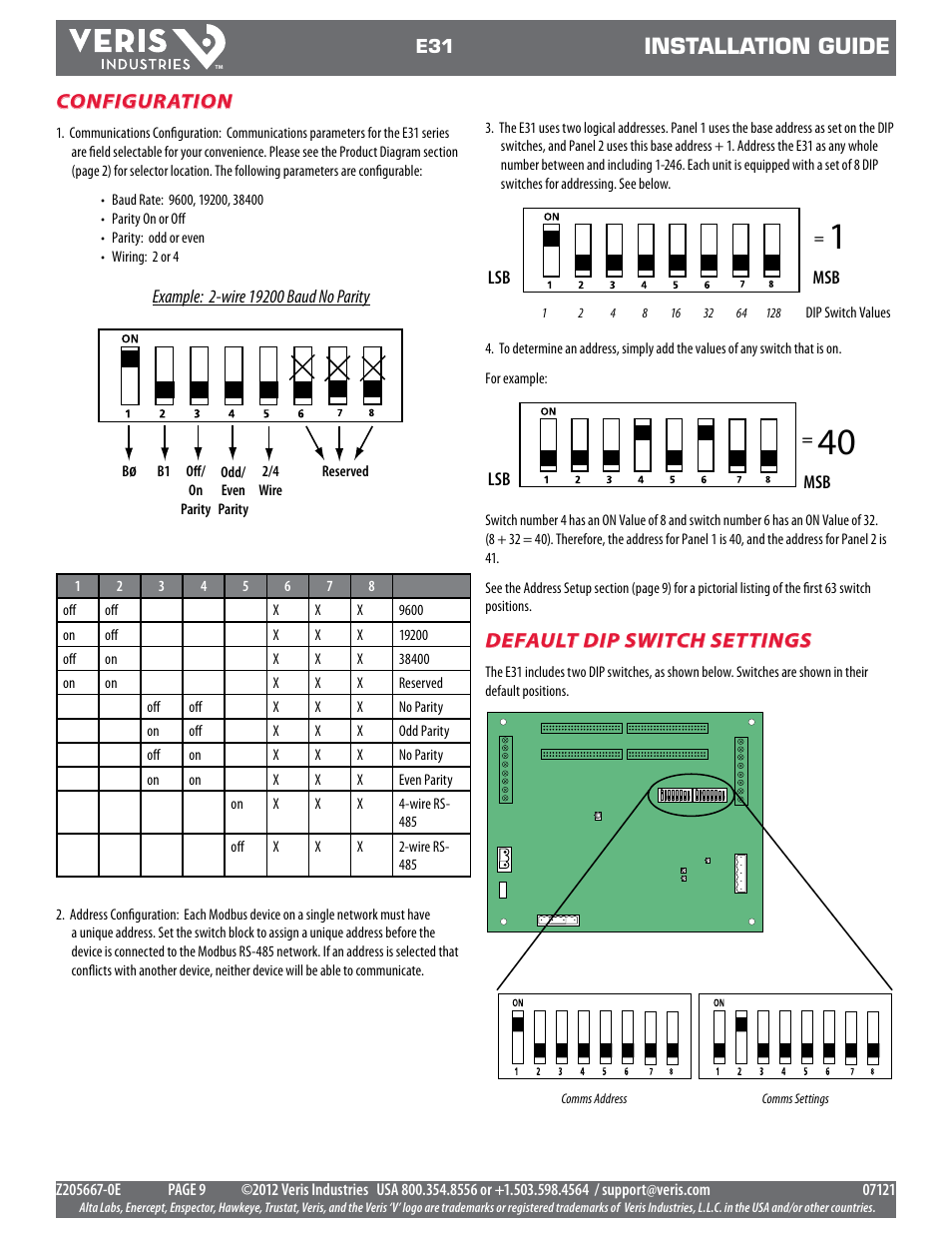 Installation guide, Configuration, Default dip switch settings | Veris Industries E31 Install User Manual | Page 9 / 12