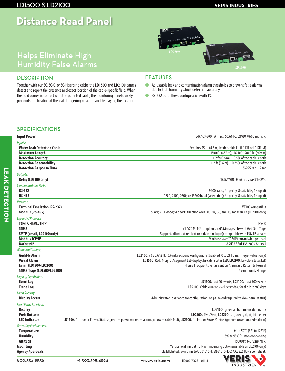 Veris Industries LD2100 Datasheet User Manual | 2 pages
