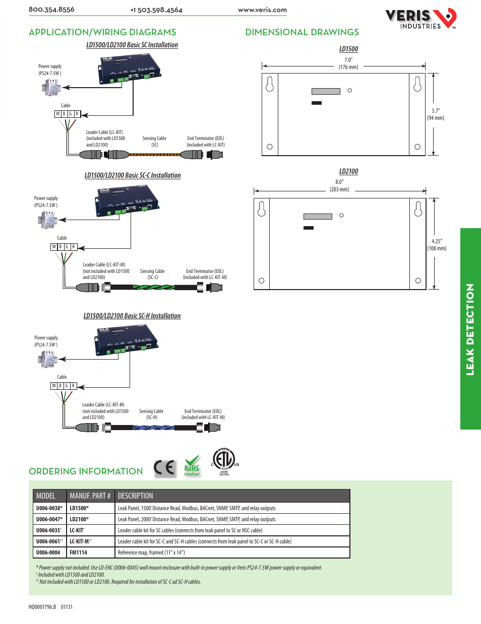 Le ak dete ction, Dimensional drawings application/wiring diagrams, Ordering information | Model manuf. part # description, Rohs, Ld1500 | Veris Industries LD2100 Datasheet User Manual | Page 2 / 2