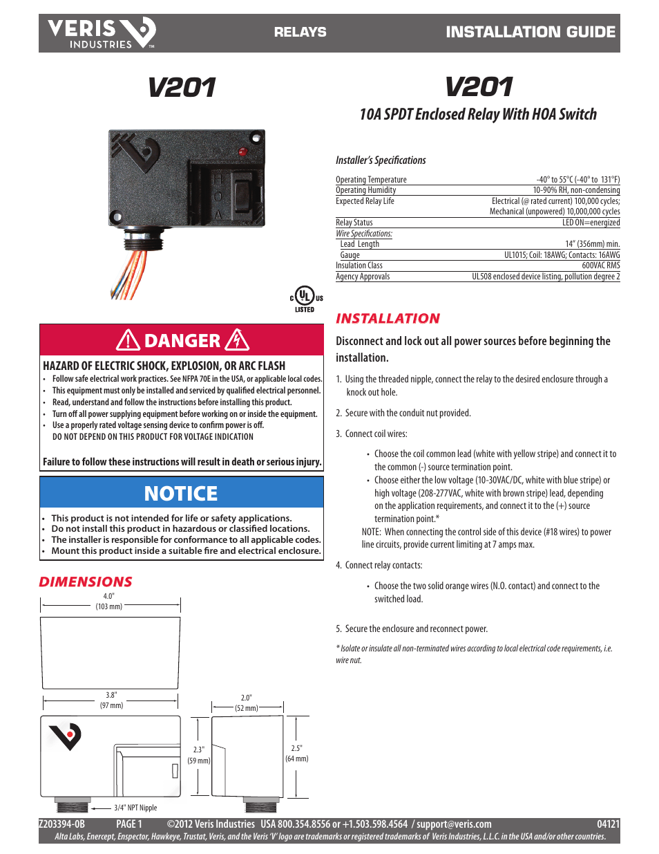 Veris Industries V201 Install User Manual | 2 pages