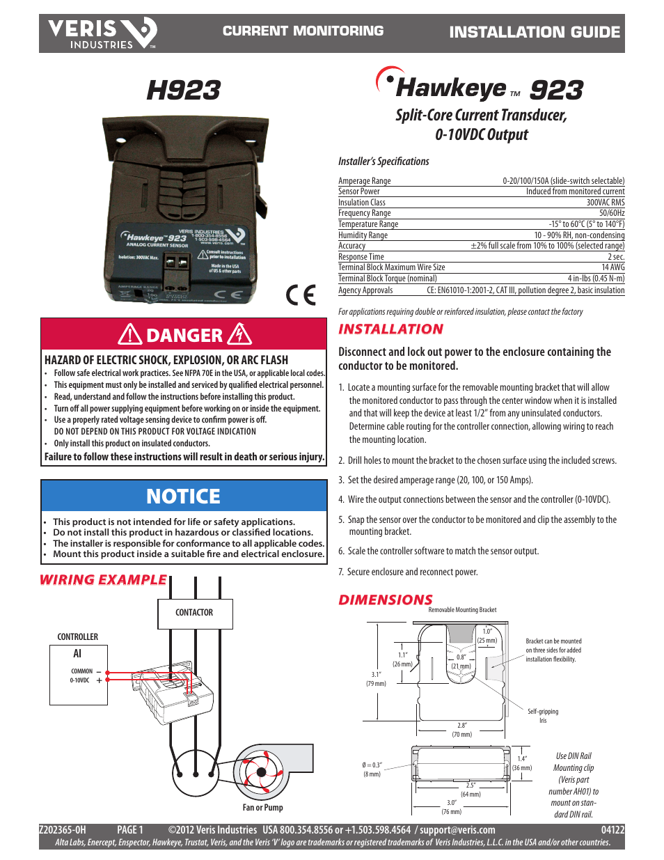 Veris Industries H923 Install User Manual | 2 pages