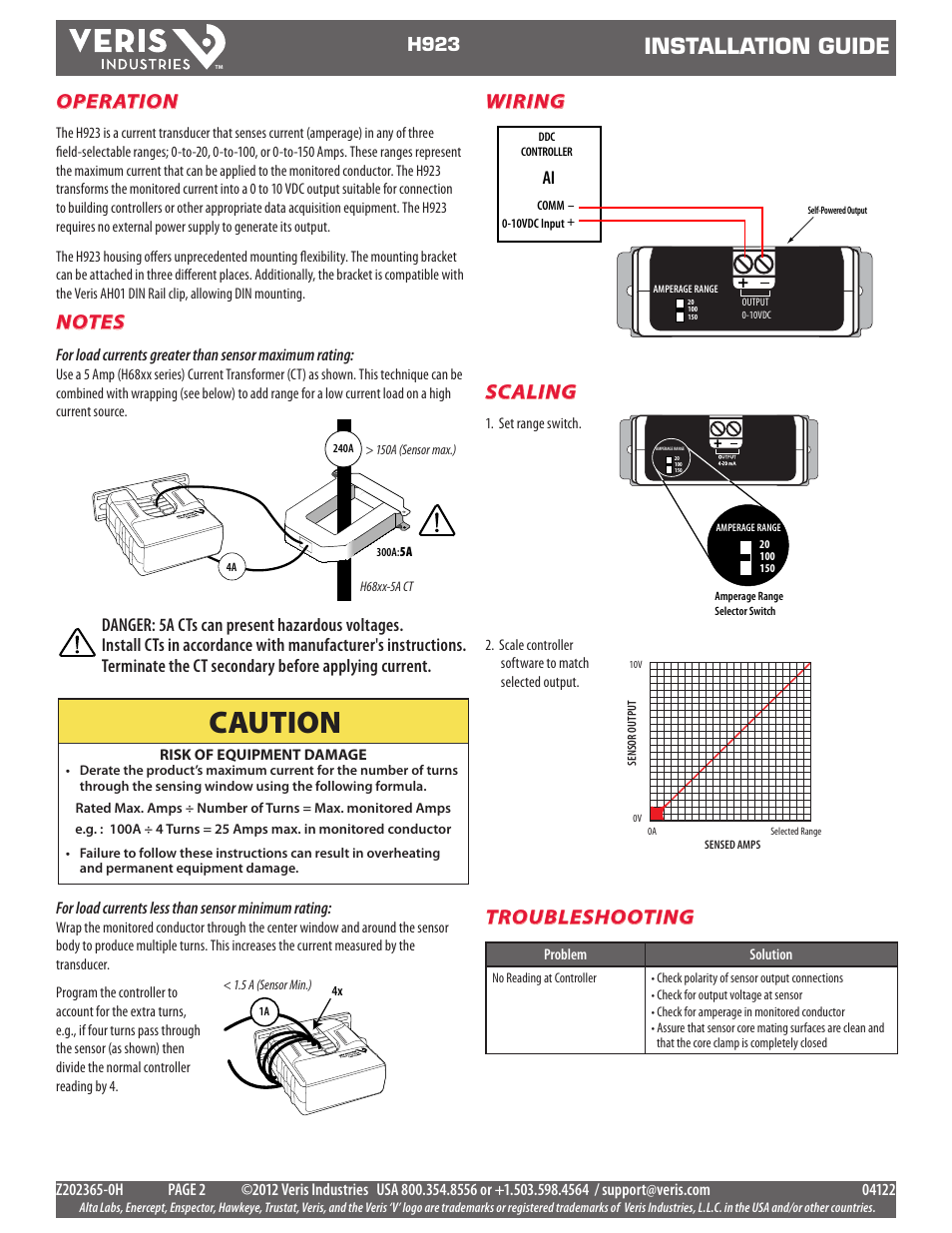 Caution, Installation guide, Operation | Scaling, Troubleshooting, Wiring, H923 | Veris Industries H923 Install User Manual | Page 2 / 2