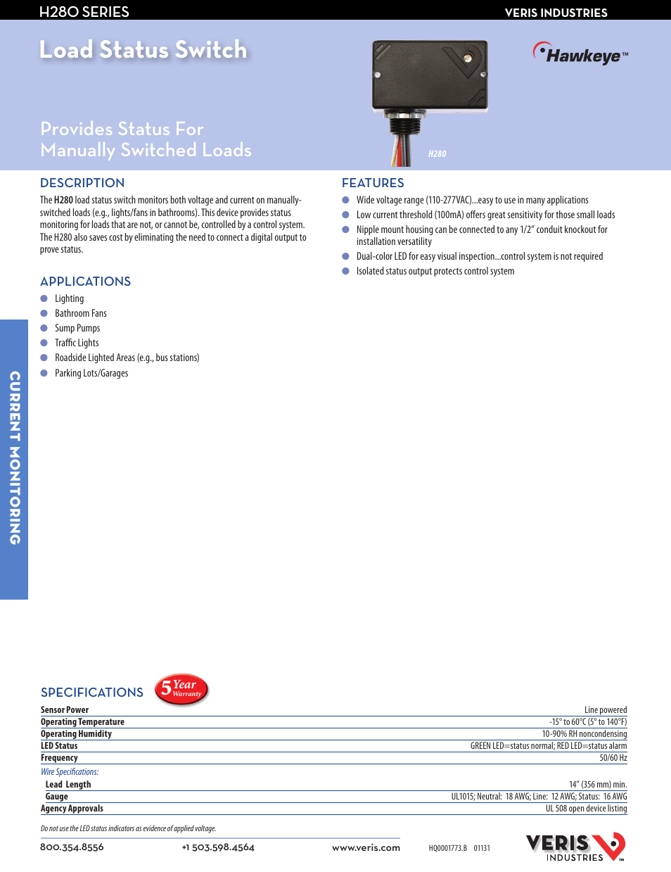 Veris Industries H280 SERIES Datasheet User Manual | 2 pages