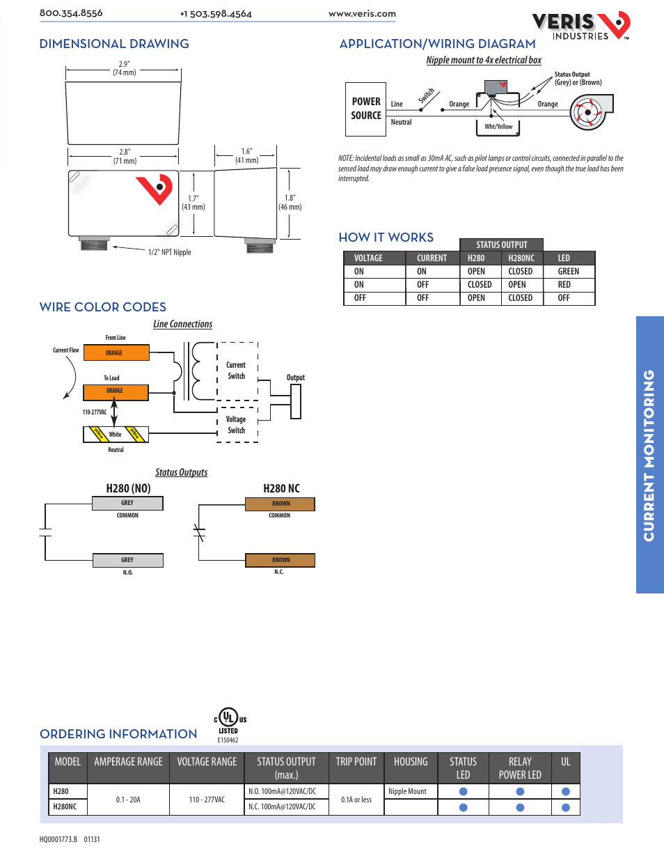 Current monit oring, How it works, Dimensional drawing wire color codes | Application/wiring diagram, H280 (no), H280 nc, Ordering information | Veris Industries H280 SERIES Datasheet User Manual | Page 2 / 2